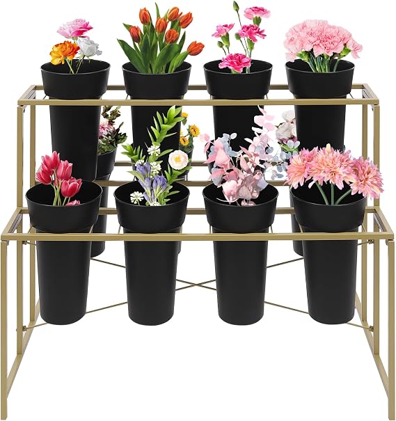 Flower Display Stand with 12pcs Buckets 3 Tier Flower Cart Display Stand Metal Plant Stand Movable Florist Bouquet Stand with Wheels for Patio Garden, Outdoor Floral (Black Round Bucket)