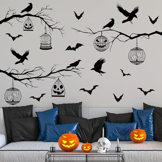 Halloween Wall Decals Black Tree Branches Bat Wall Stickers Large Removable Halloween Wall Clings Decor DIY Art for Home Wall Window Door