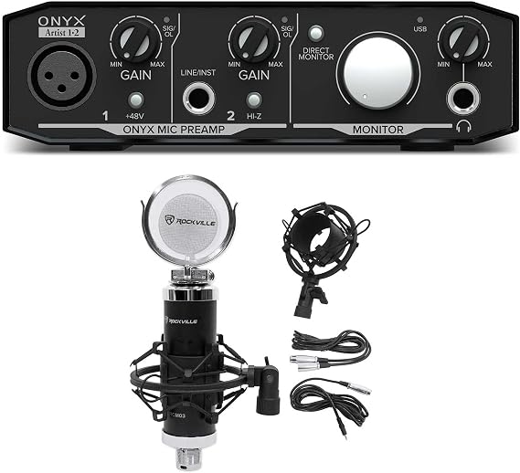 Mackie Onyx Artist 1.2 2x2 USB Audio Recording Studio Interface Bundle with Rockville RCM03 Pro Studio Recording Condenser MicrophonewithMetal Shock Mount