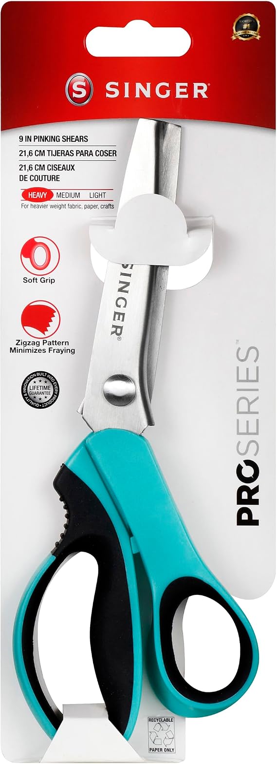 SINGER ProSeriesTM 9" Pinking Shears, Stainless Steel, No-Fray Zigzag Cut | Stainless steel 9 inch pinking shears with 5mm sawtooth blades minimize fraying; soft grip, for fabrics and paper crafts