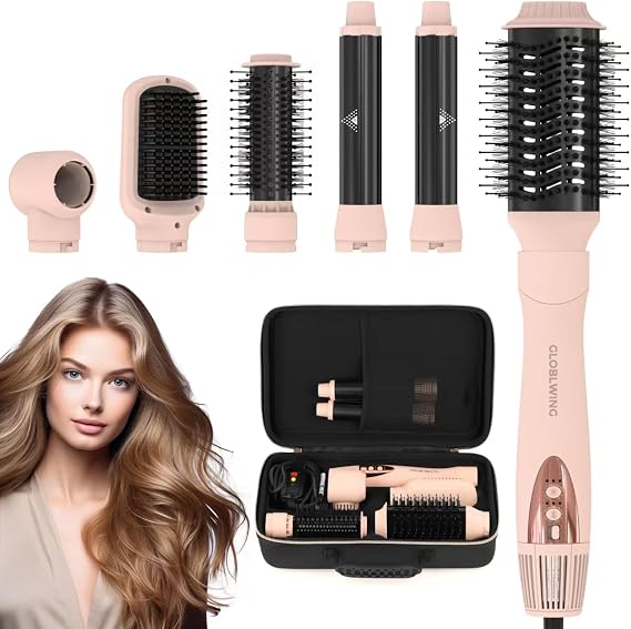 Hair Dryer Brush 6 in 1 Hot Air Styler, 110,000 RPM High-Speed Negative Ionic Blow Dryer, Auto-Wrap Curlers, Paddle Brush for Fast Drying, Curling, Straightening, Volumizing with Storage Case Pink