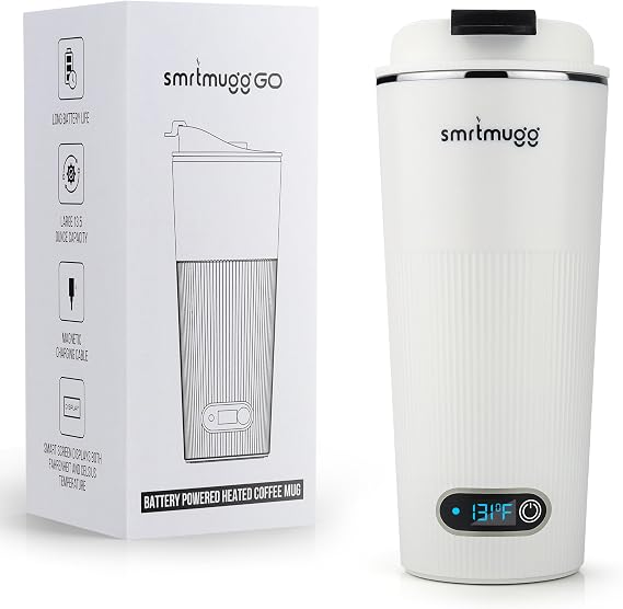 SmrtMugg GO Heated Coffee Mug, Travel Mug, 13.5 OZ. Smart Mug, Battery Powered Heated Coffee Mug, Great for Coffee and Tea, Snap on Magnetic Charging Cord, New and Improved (White)