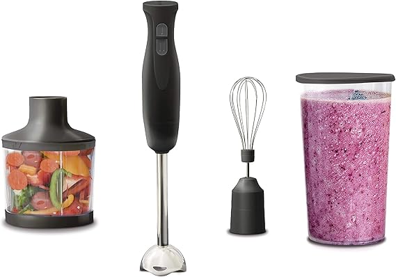 Kitchen Ideas Immersion Hand Blender with Whisk Attachment, Measuring Cup & Chopper | Heavy Duty, Black