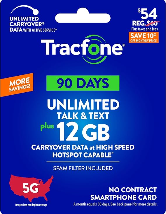 Tracfone $54 無制限のトーク&テキスト、12GBのデータ/90日間物理カード