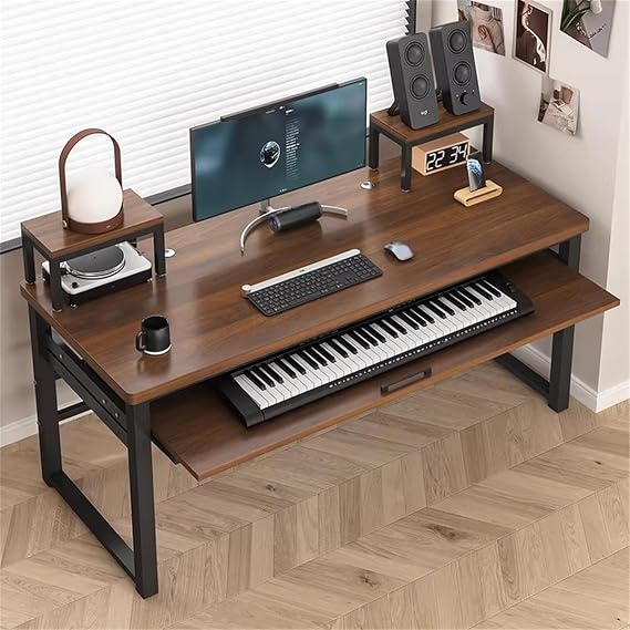 Music Studio Desk Workstation with Keyboard Tray, Office Computer Table with Organized Wiring/Keyboard Shelf Workbench Electronic Piano Midi Production Recording Studio