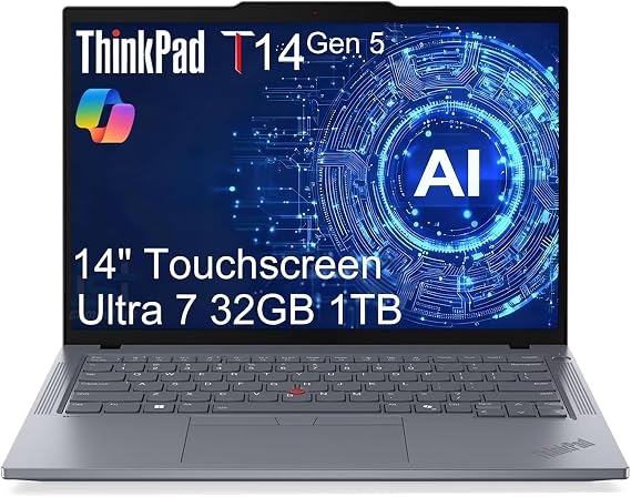 Lenovo ThinkPad T14 Gen 5 Business AI PC Laptop 14 FHD Touchscreen, Intel 12-Core Ultra 7 155U > i7-1355U, 32GB DDR5, 1TB SSD, 5MP IR Webcam, 2x Thunderbolt 4, Fingerprint, Backlit, Win 11 Pro