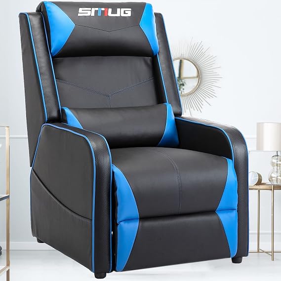 Gaming Recliner Gamer Chair for Adults - PU Leather Sofa with Footrest Comfortable Movie Theater Chairs Ergonomic Single Couch for Living Game Room- Black/Blue