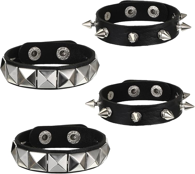 cobee 4 Pcs Studded Bracelets, Punk Bracelet Spike Cuff Studded Wristband, Black Spike Bracelet Pu Leather Costumes Accessories For Rock Concerts & Costume Parties