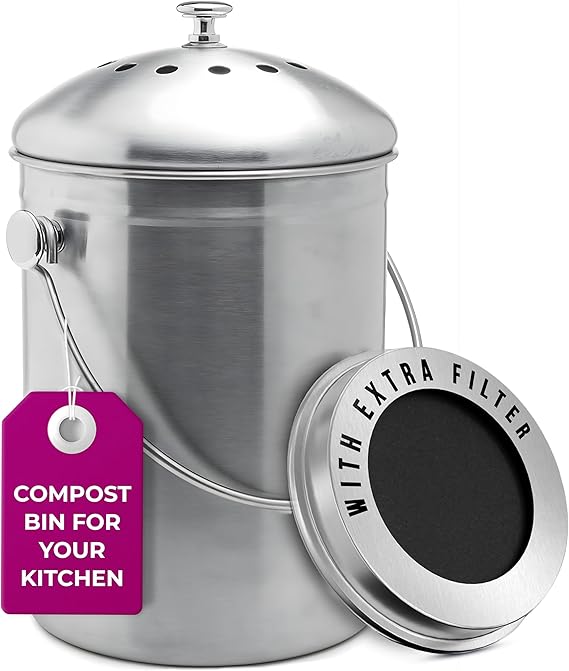 Epica Kitchen Compost Bin for Kicthen Countertops, 1.3 Galllon - Silver | Stainless Steel, Rust- Resistant, Airtight Leak-Resistant Lid, Replaceable Activated Charcoal Filter for Odorless Composting