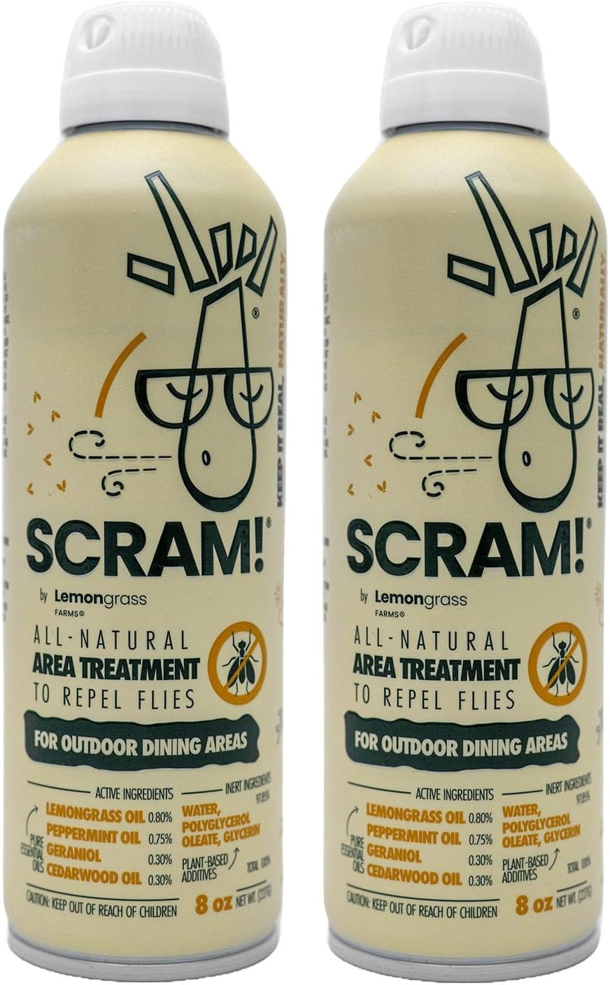 Scram Outdoor Surface Spray | Create A No-Fly Zone | All Natural with Peppermint, Cedarwood, Geraniol, and Lemongrass Oil | DEET-Free | Twin Pack, 8oz Per Can, 16oz Total