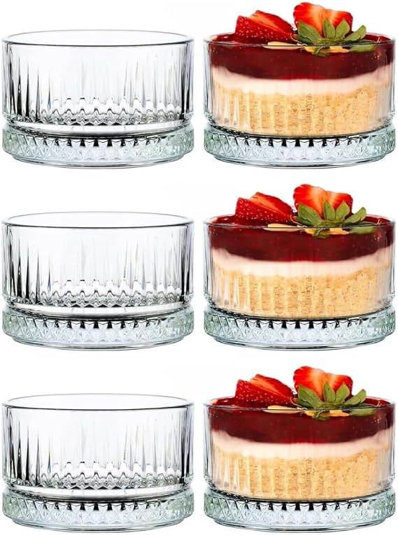 6-Piece Crystal Patterned Glass Bowl Set - For Transparent, Dessert and Appetizer Presentation, Dishwasher Safe, Modern Design