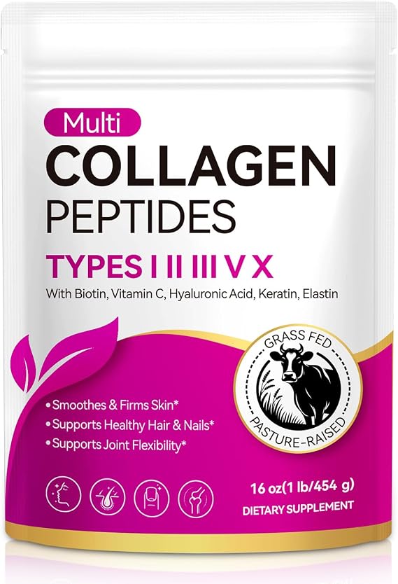 Multi Collagen Peptides Powder - Hydrolyzed for Better Absorption, Unflavored Collagen Peptides Supplement for Skin, Hair, Nails & Joint Support - Grass-Fed (16 oz)