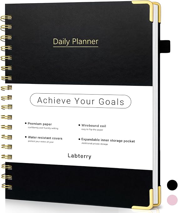 Planner Undated, Daily Planner Agenda Book with To Do List, 7 x 10, Hourly Schedules for Women and Men, Spiral Appointment Planner with Elastic Closure, Storage Pocket, Durable Twin Wire Binding