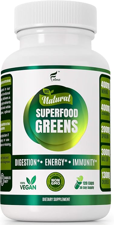 FOLONA Organic Super Greens Capsules with Ashwagandha, Spirulina & Moringa