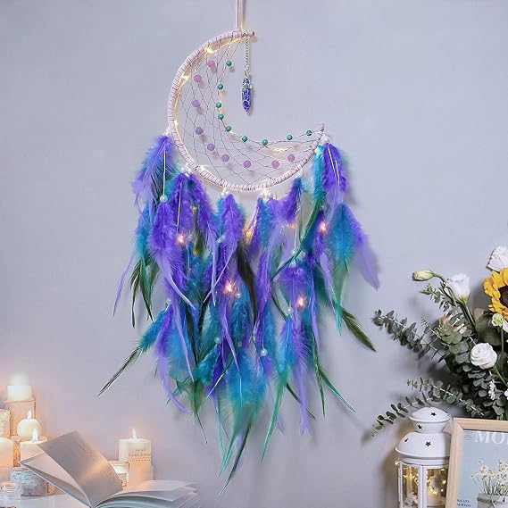 Dremisland Moon Dream Catchers with Fairy Lights Blue&Purple Handmade | Feather Dream Catcher Lucky Turquoise Pendant Beads Wall Hanging Ornament for Kids Bedroom Home Decoration Art Craft Gift