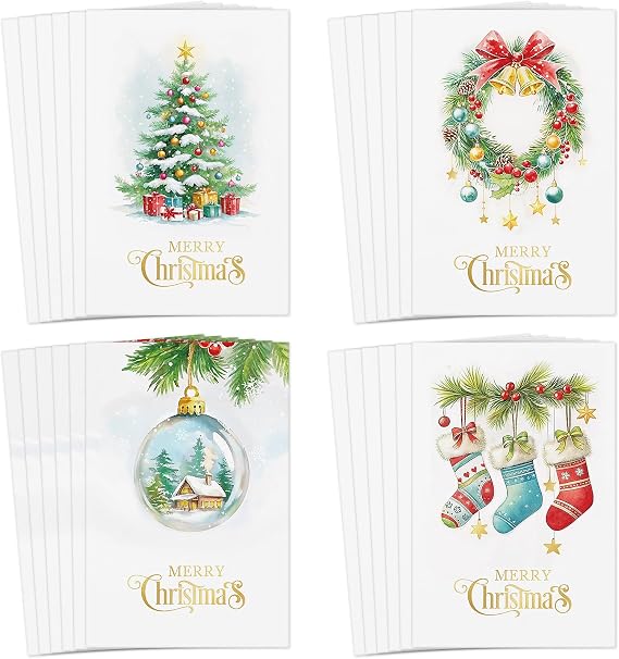 FLYAB 24 Pack Boxed Christmas Cards, 4 Assorted Gold Foil Xmas Set Gift