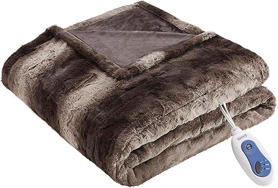 Beautyrest Reversible Heated Throw, Faux Fur Electric Blanket, Brown