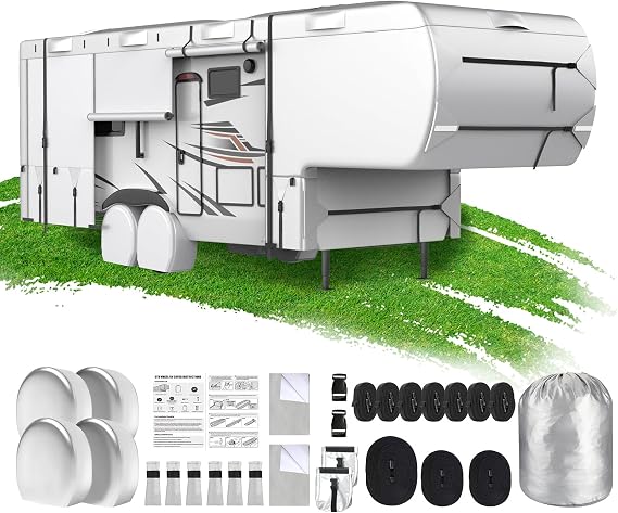 Mofeez 5th Wheel RV Cover 29-33ft, 420D Oxford Fabric Fifth Wheel Cover, Rip-Stop Anti-UV Waterproof Windproof Camper Cover with 3Pcs Extra Straps, 6 Gutter Covers & 4 Tire Covers