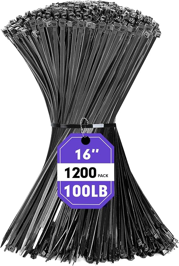 RAZCC 1200pcs Black Cable Zip Ties 16 Inch, Heavy Duty Plastic Wire Ties with 100lb Tensile Strength, Self-Locking Black Nylon Tie Wraps for Indoor and Outdoor