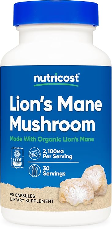 Nutricost Lion's Mane Mushroom Capsules 2100mg, 90 Capsules, 30 Servings | 700mg Per Capsule, CCOF Certified Made with Organic, Vegetarian, Gluten-Free
