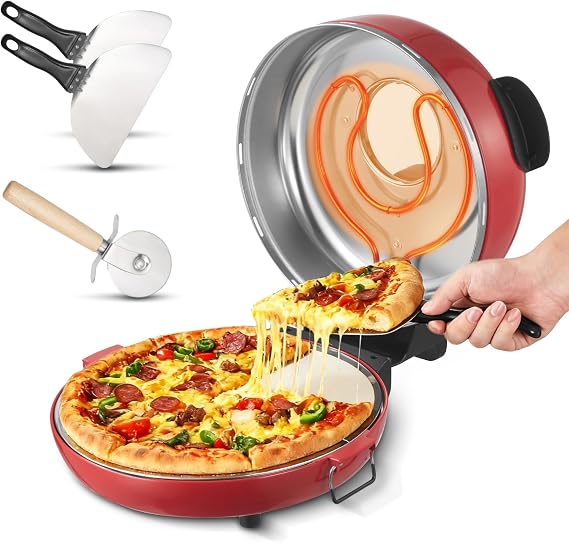 VEVOR 14 in Pizza Oven Indoor, XL Large Electric Pizza Maker, 1600W Home Compact Pizzas Cooker with Timer & Temp Knob, 5 Heating Level, Max 698 F Countertop Oven with Cutter & Scraper, Retro Red