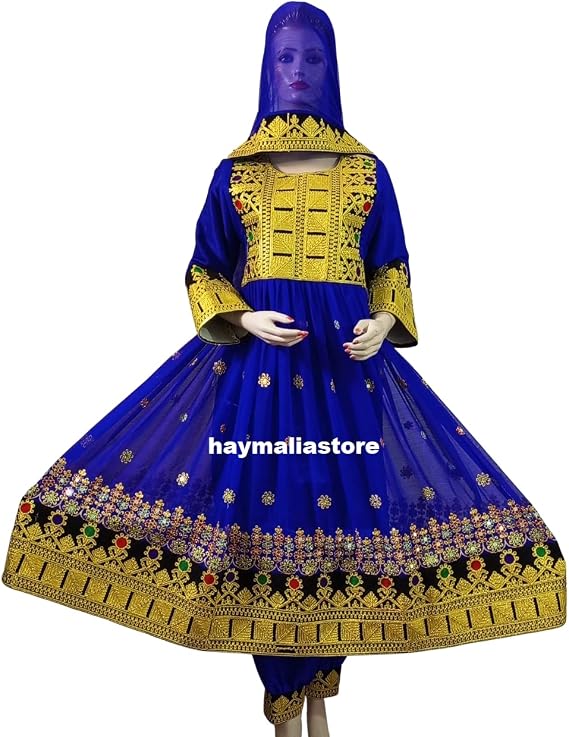 Afghan Kuchi Traditional Party Wedding Embroidered Three Pieces Chiffon Blue Dress Medium 40 inches Bust