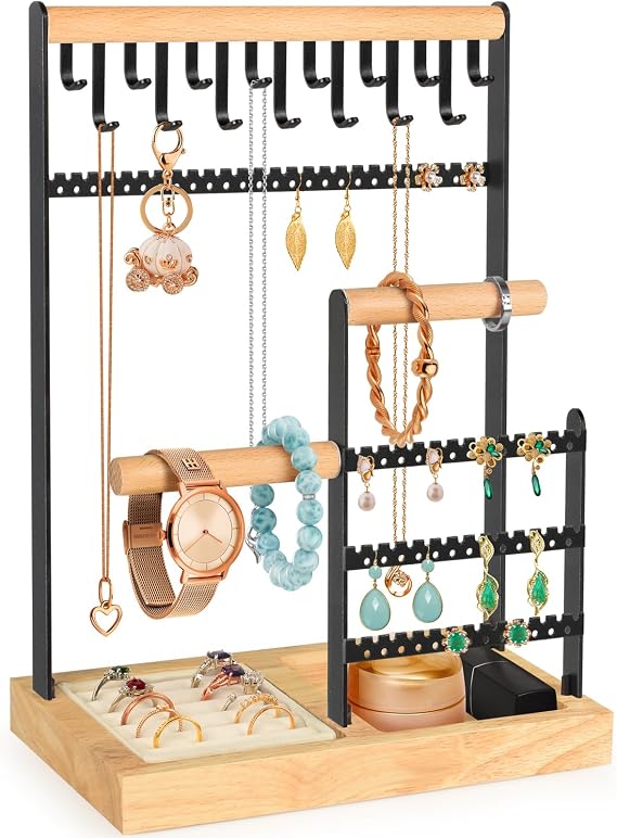 PAMANO Jewelry Organizer with Velvet Ring Holder 15 hooks Necklace Stand, 4-Tier Earring Display with 68 Holes, Bracelet Tree Tower Dresser Vanity - Black