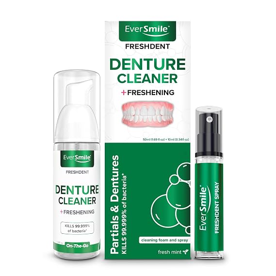 EverSmile FreshDent Denture and Partial Denture Cleaner + Teeth Whitening Spray Travel Size Alternative to Cleaning Tablets That Eliminates Bacteria and Fights Bad Breath 50ml + 10ml Pack