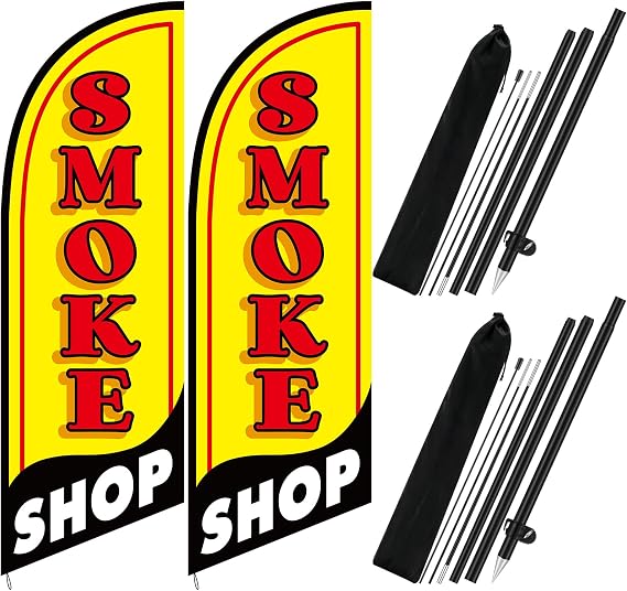2 Set Smoke Shop Feather Flag Pole Kit Smoke Shop Sign Banner Advertising Feather Banner for Outside Outdoor Business Decoration(7 ft)