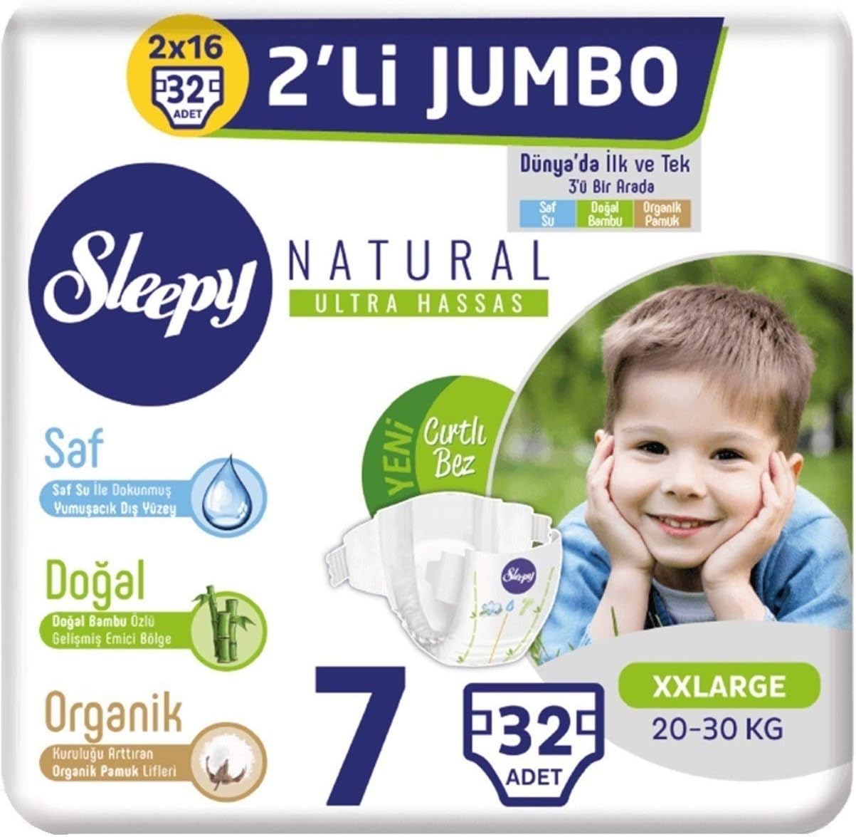 Sleepy Natural 2'li Jumbo Bebek Bezi 7 Numara Xxl 32 Adet