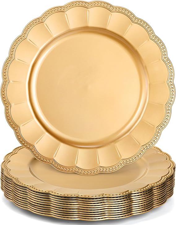 Kingrol 12 Pack 13 Inch Gold Charger Plates, Glam Dinner Chargers, Heavy Duty and Reusable Plastic Plates for Wedding Anniversary Christmas Party Table Setting