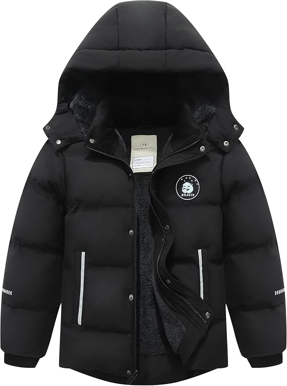 Kids Boy's Puffer Cotton Jacket | Warm Fleece Lined Down Coat Thick Hooded Waterproof Winter Coat