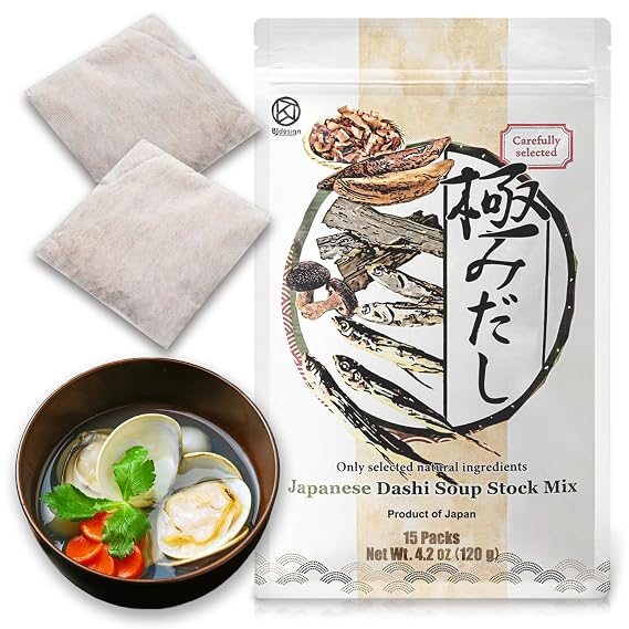 BJDesign Japanese Dashi Pack, Additive Free Soup Stock, 8g x 15 Packs | Non-GMO, no salt, no sugar, no MSG, bonito, kombu, shiitake, rich umami, for miso dishes, noodles, hot pot, simmered dishes