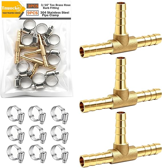 3pcs 3/16" (5mm) Brass Tee Barb Fittings,3 Way Union Intersection Fitting T Shape Barbed Splitter Fitting Splicer with Hose Clamps for Water Fuel Air H-058-3/16