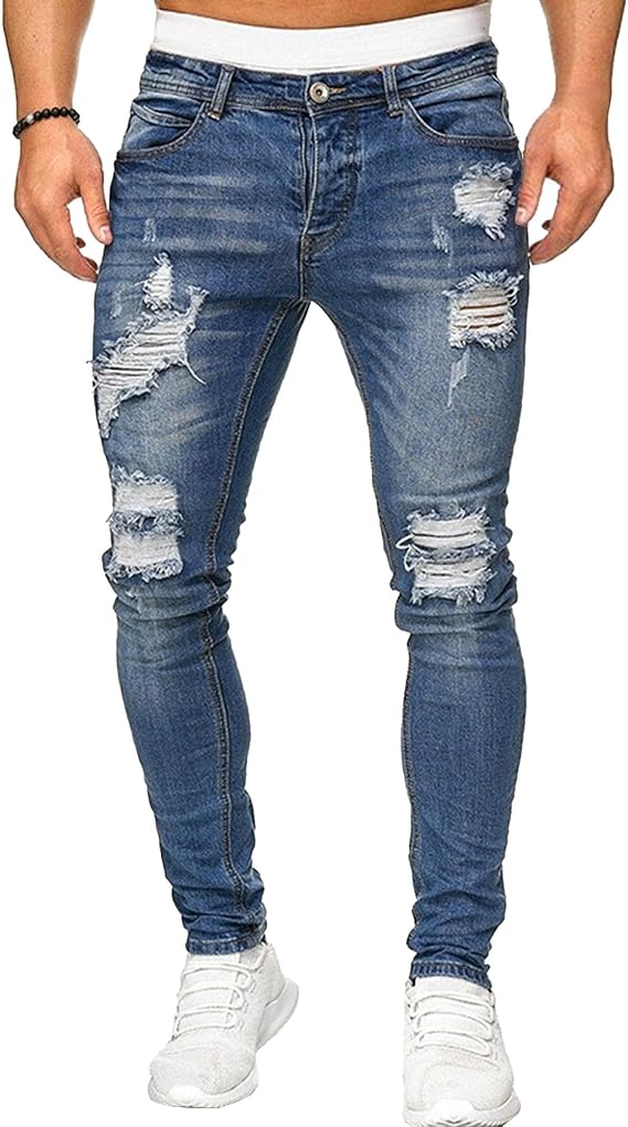 Men's Distressed Ripped Holes Jean Classic Slim-fit Flex Denim Jeans Tight Elastic Stretch Denim Jean
