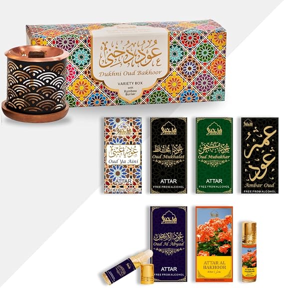 Oud Bakhoor Variety Box with Burner & Ma'amoul Attar Oil Set - 6 Bottles x 6 ml