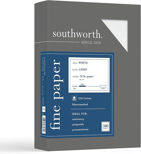 Southworth 25% Cotton Business Paper, 8.5 x 11", 24 lb/90 GSM, Linen Finish, White, 500 Sheets - Packaging May Vary (554C)