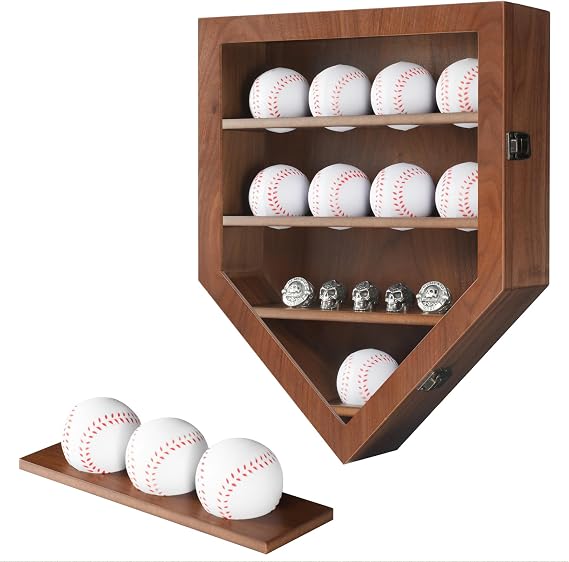 12-in-1 Baseball Display Case, Wooden Rack for Wall Mount, Collection Shelf for Balls & Rings, Walnut