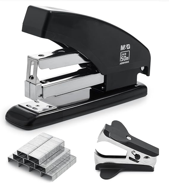 M&G Effortless Stapler for Desk, 50 Sheet Capacity, Heavy Duty Desktop Stapler with 1000 Staples & Staple Remover, One Finger Touch, Good for Office Home School, Black