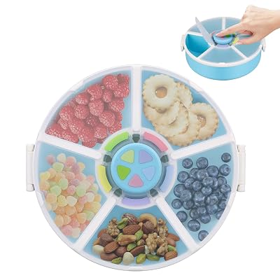 Snack Rotator Container Reusable Snack Box with 5 Compartment Dispenser and Lid, Color Matching Opening Lid, BPA and PVC Free, for Home, School, Travel 1 Pack- Blue