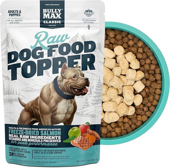 Bully Max Freeze-Dried Raw Dog Food Toppers for Puppies & Adult Dogs - Salmon with Real Fruits & Veggies - Meal Enhancers with Vitamins & Minerals - Feed as Puppy Treat or Dog Meal