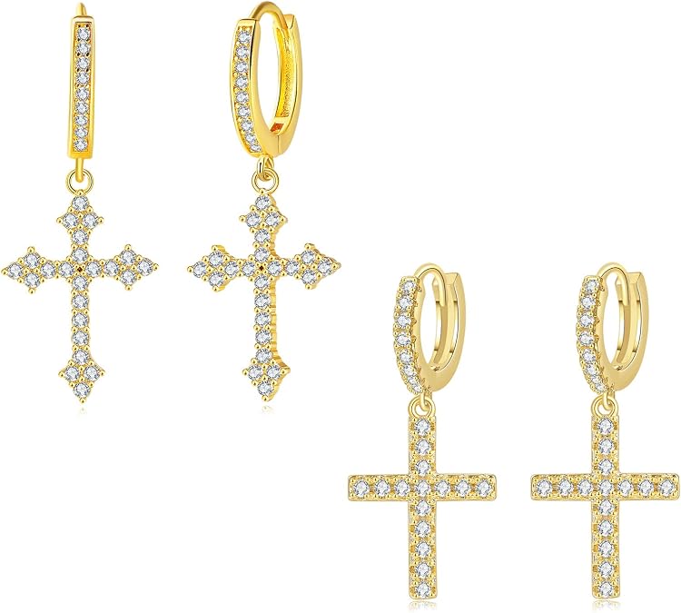2 Pairs Cross Earrings for Men Hoop Dangle 14K Gold Plated Iced Out Dangling Classical Small 5A+ Cubic Zirconia Pave CZ Huggie Drop Post Earring for Women Jewelry GIFT