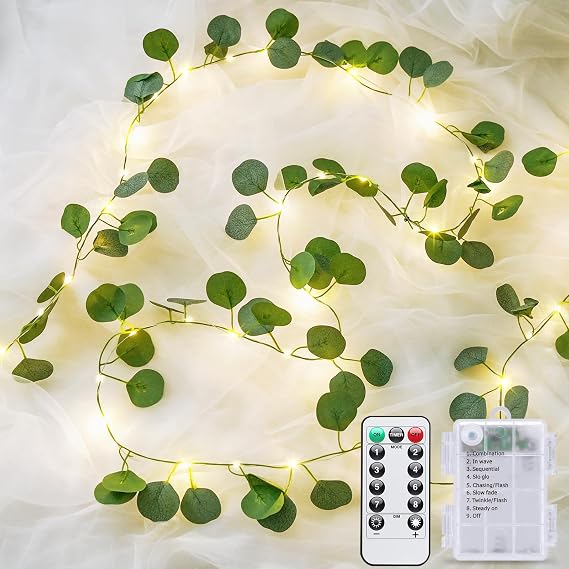JMEXSUSS 33 FT 100 LED Eucalyptus Vine Fairy Lights, Battery Operated | Vines with Lights with Remote, Eucalyptus Leaf Light Garland Indoor Outdoor for Bedroom Wall Classroom Party Decor