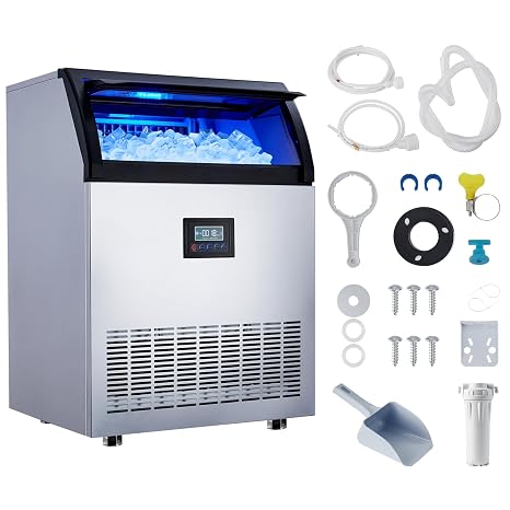 Commercial Ice Maker Machine 200Lbs/24H, 55Lbs Ice Storage Capacity, 90 Pcs Clear Ice Cubes Ready in 11-20Mins, 1 Water Inlet Modes, with Ice Scoops, Drain Pipe