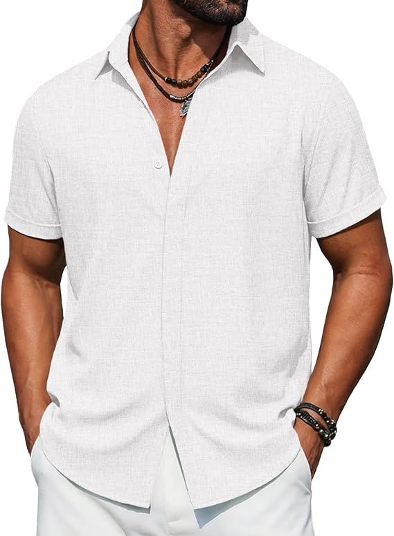 COOFANDY Men's Button Down Short Sleeve Shirts Casual Summer Vacation Shirts Linen Beach Wedding Shirt
