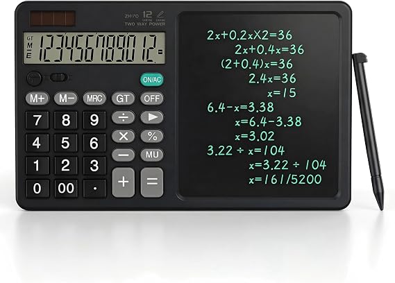 Desk Calculator with Erasable Writing Pad, 12-Digit Wide Screen Display, 100,000+ Reusable LCD Notepad, One-Click Clear & Lock Function, Solar and Battery Dual Power for Office,School,Business (Black)