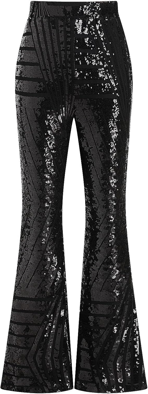 ODIZLI Womens Bell Bottom Sparkle Sequin Flare Pants Elastic High Waisted Bling Glitter Dance Pants