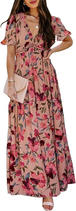 BLENCOT Womens Casual Boho Floral Printed V Neck Short Sleeve Long Evening Dress Ruched Cocktail Party Maxi Wedding Dress