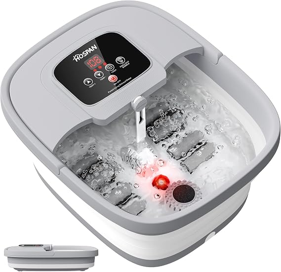 HOSPAN Collapsible Foot Spa, Foot Bath Massager with Heat, Bubble & Massage | 8 Shiatsu Rollers, 95F-118F Temp Control, Red Light, Handle, Space-Saving Collapsible Design, for Stress Relief