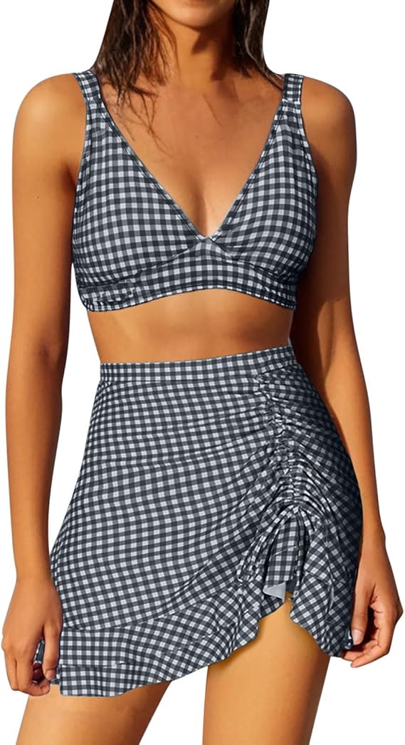 Women's High Waisted Bikini Sets Plaid Print Tummy Control Swim Skirt Two Piece Swim Suit 2025 Vintage Swimsuit